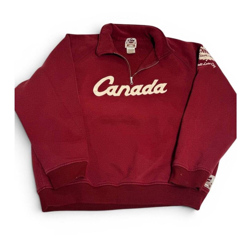Roots Canada Sweatshirt Mens XXL Red Quarter Zip Pullover Fleece Spell Out Made